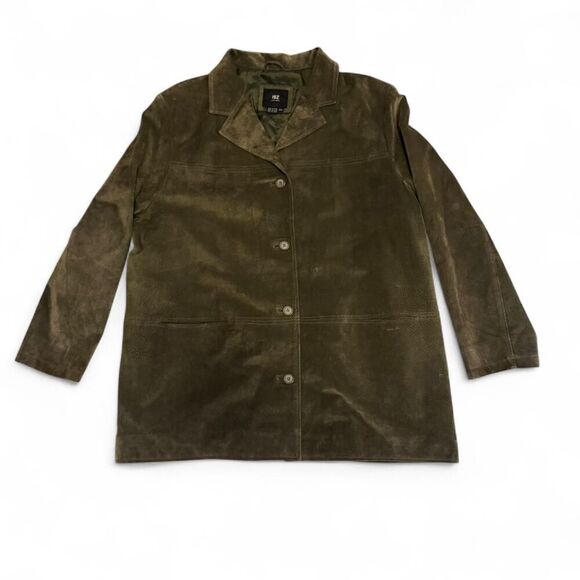 Men’s XXL Olive Green Suede Leather Jacket ISZ Leathers Button Front Coat Lined - Picture 1 of 6